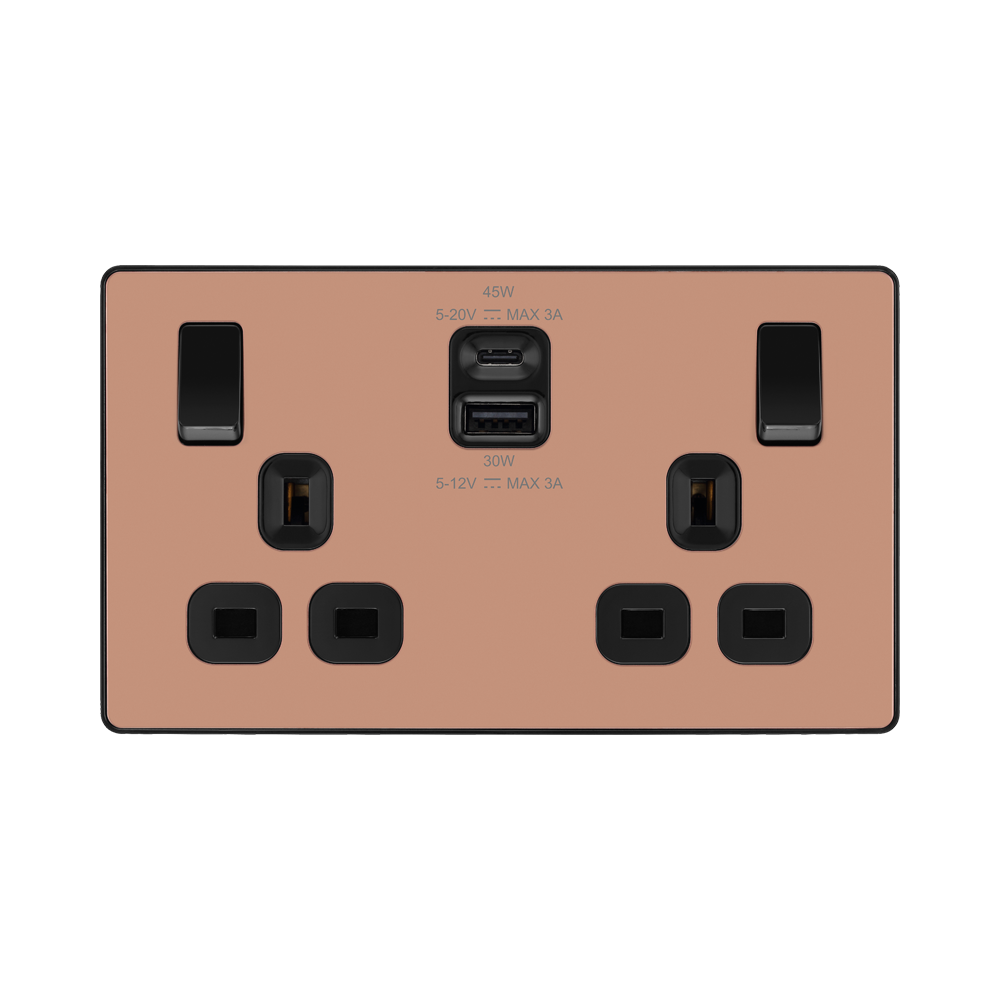 BG Evolve Polished Copper 13A Double USB Socket with 45W A+C Ports PCDCP22UAC45B