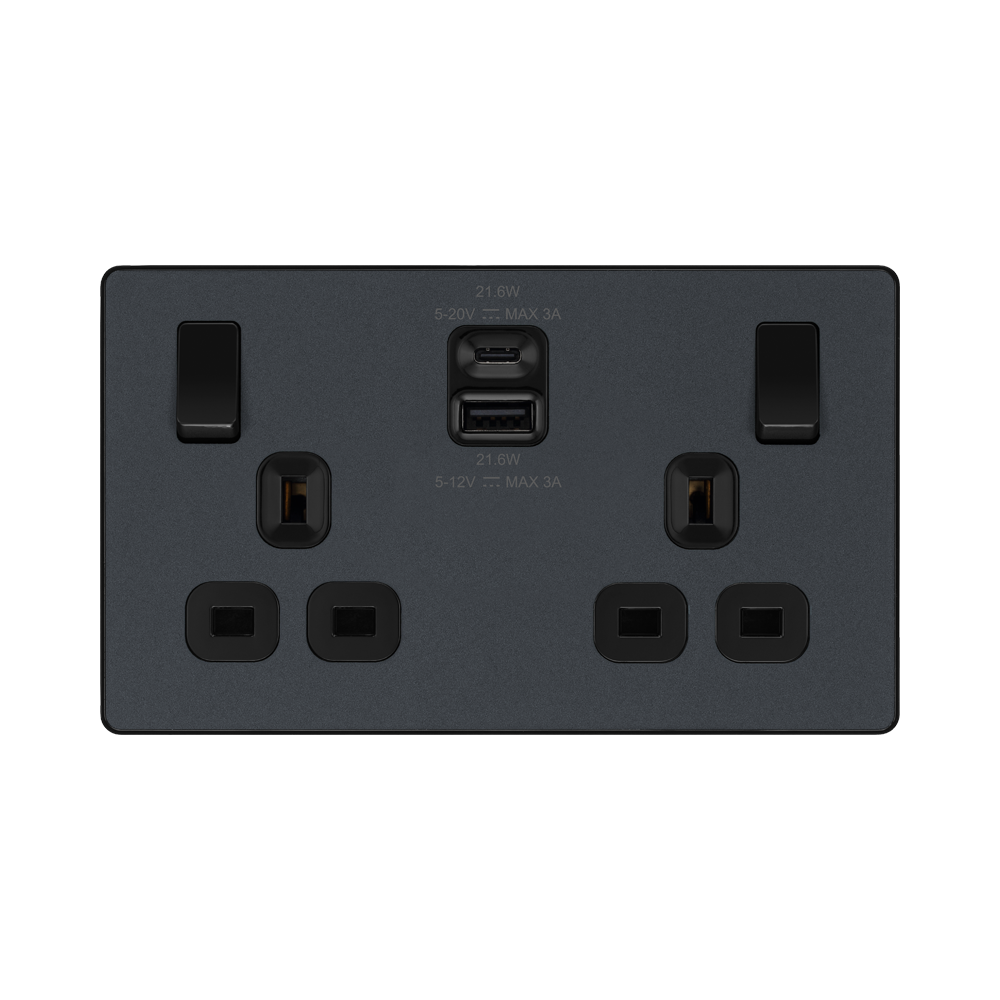 BG Evolve Matt Grey 13A Double USB Socket with 22W A+C Ports PCDMG22UAC22B