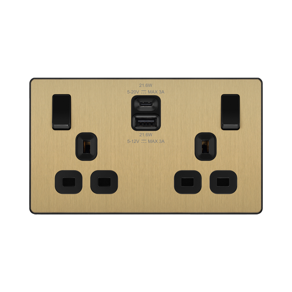 Front view of BG Evolve Satin Brass 13A Double USB Socket with 22W A+C Ports