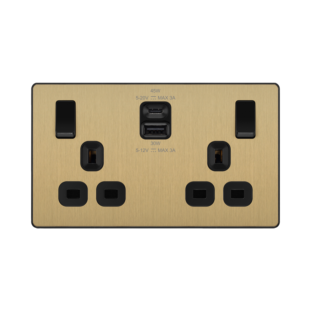 Front view of BG Evolve Satin Brass 13A Double USB Socket with 45W A+C Ports