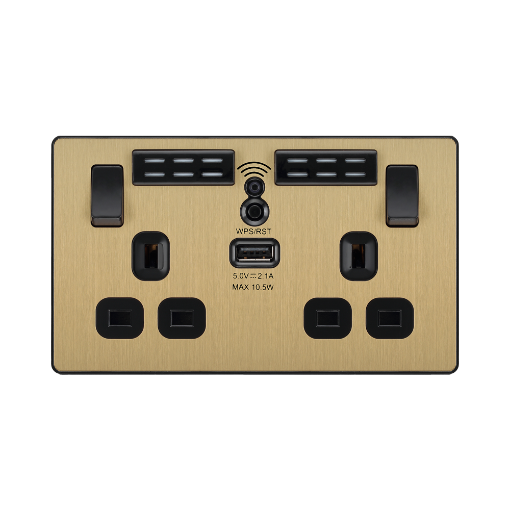 Front view of BG Evolve Satin Brass WiFi Extender with 13A double USB Socket