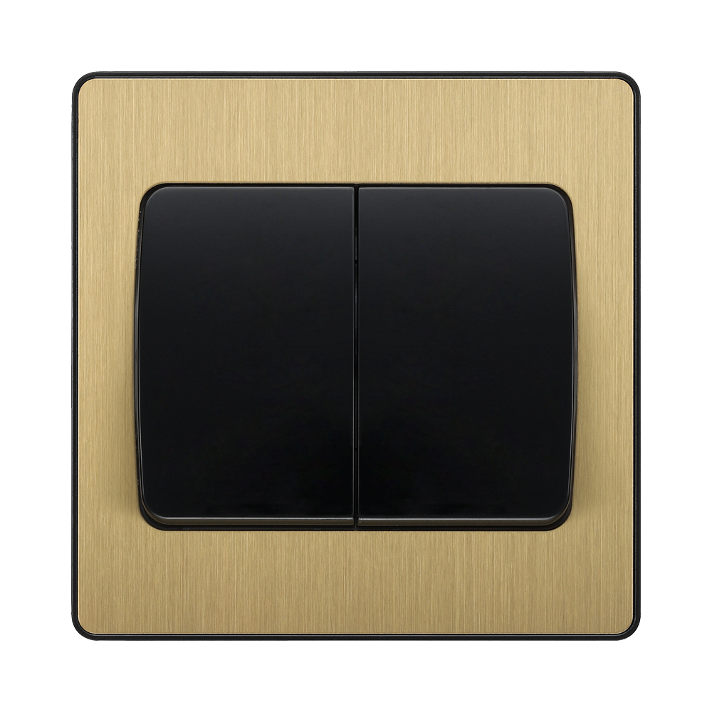 Front view of BG Evolve Satin Brass 2G 2W Wide Rocker Light Switch
