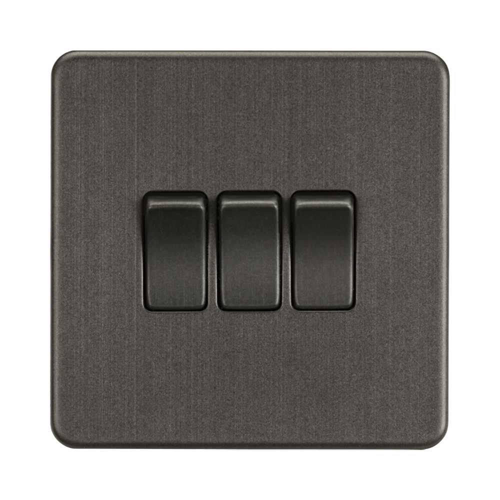 Smoked Bronze Light Switch (3G 2-way) by Knightsbridge with Screwless flat plate rated 10AX