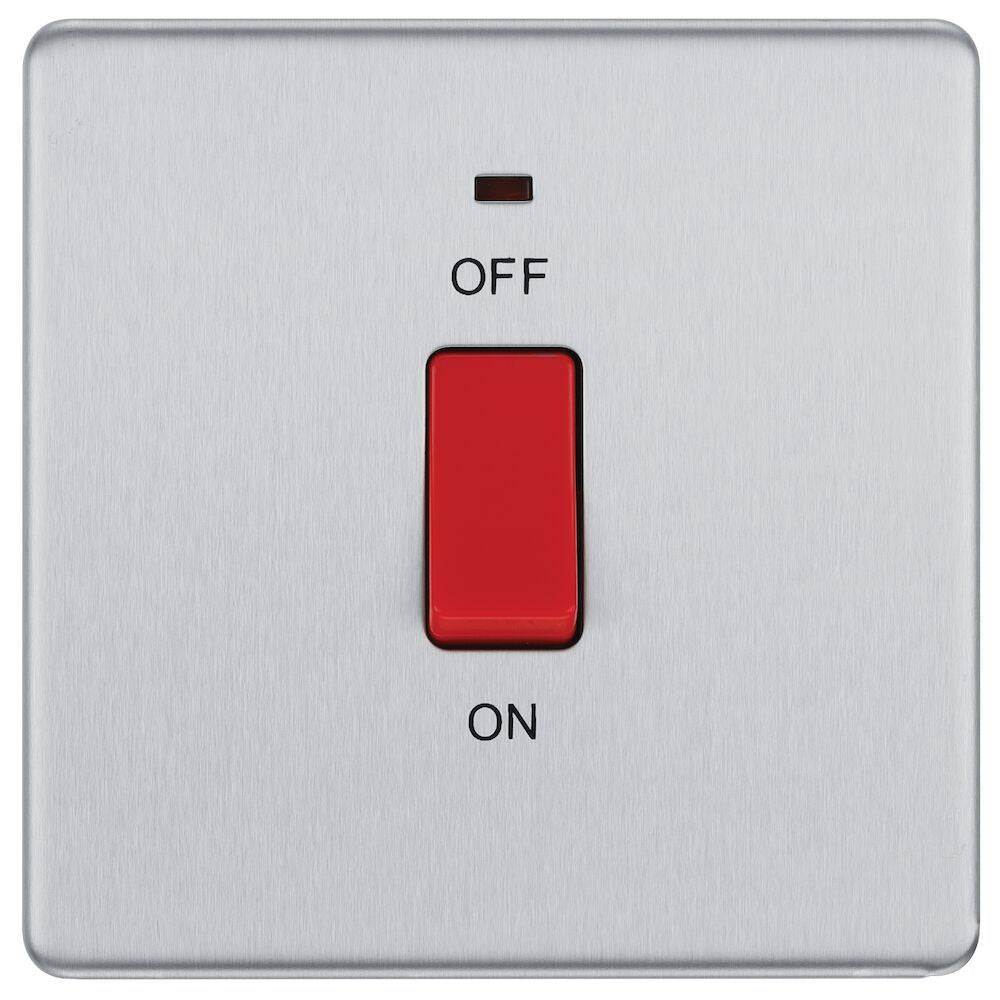 BG Screwless Brushed Steel 45A Cooker Switch with Neon FBS74 - The Switch Depot