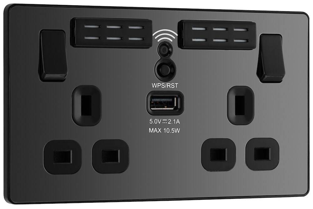 Evolve Polycarbonate Black Chrome Double USB Socket with WiFi Extender PCDBC22UWRB - The Switch Depot