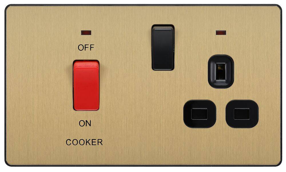Evolve Polycarbonate Satin Brass Cooker Switch with 13A Socket PCDSB70B - The Switch Depot