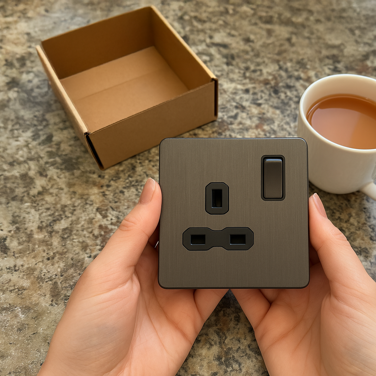 woman's hand holding a anthracite single socket