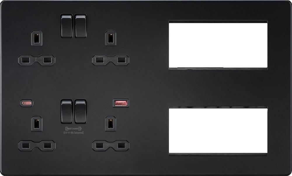Knightsbridge Screwless Matt Black Double Socket Combination Plate SFR998MBB - The Switch Depot