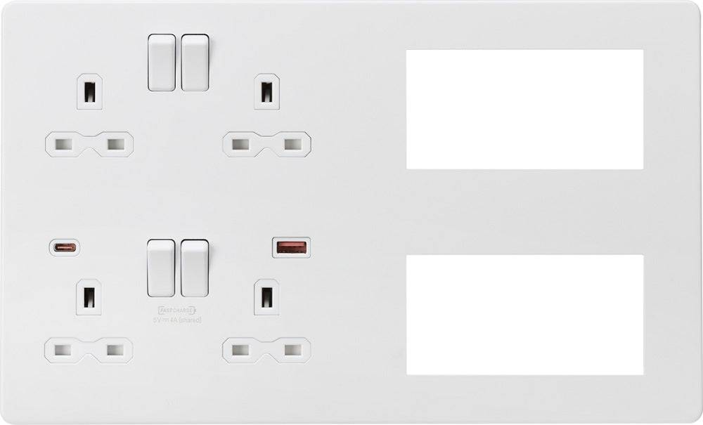 Knightsbridge Screwless Matt White Double Socket Combination Plate
