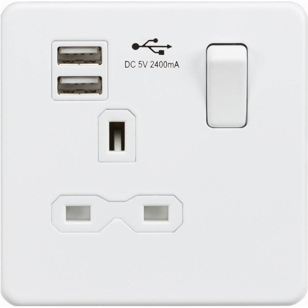 Knightsbridge Screwless Matt White Single USB Socket SFR9124MW - The Switch Depot