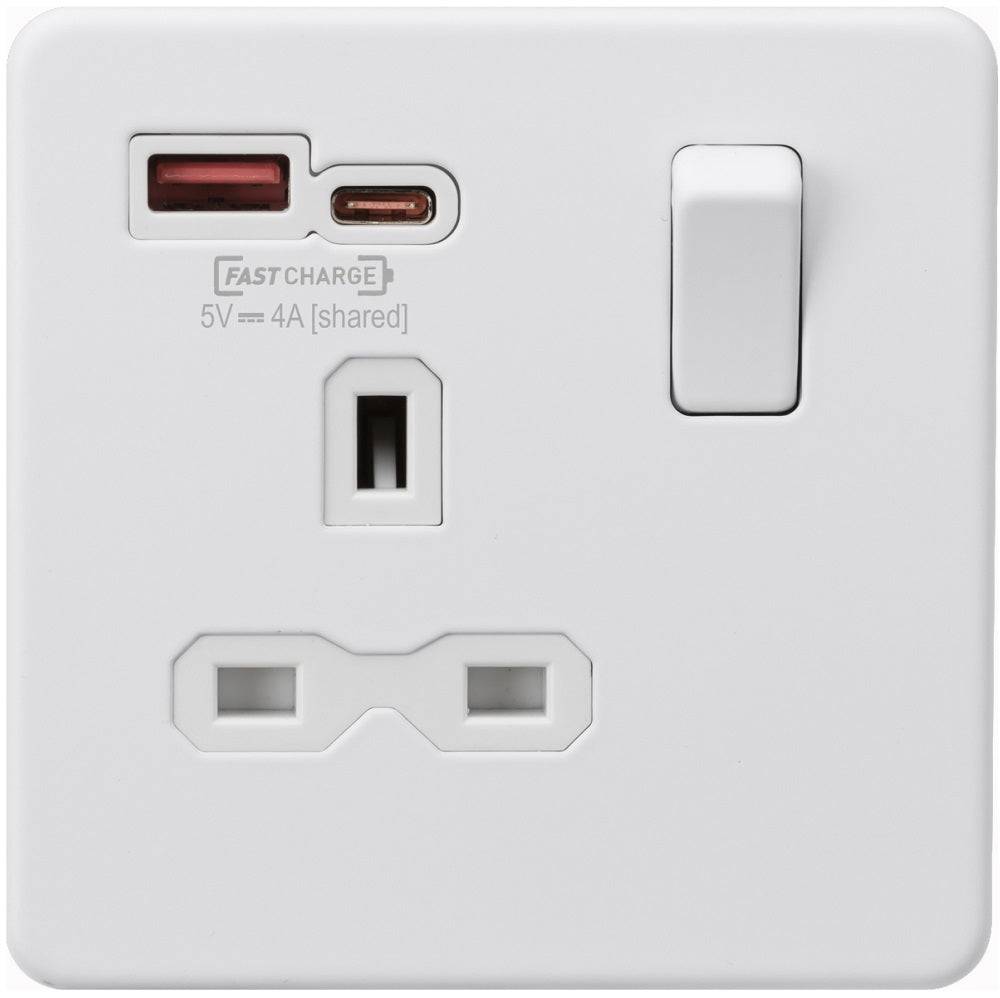 Knightsbridge Screwless Matt White Single A+C USB Socket SFR9919MW - The Switch Depot