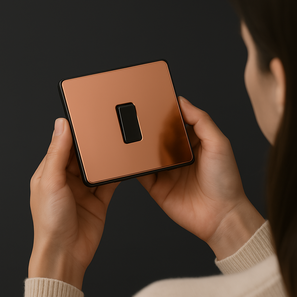 woman holding polished copper evolve switch