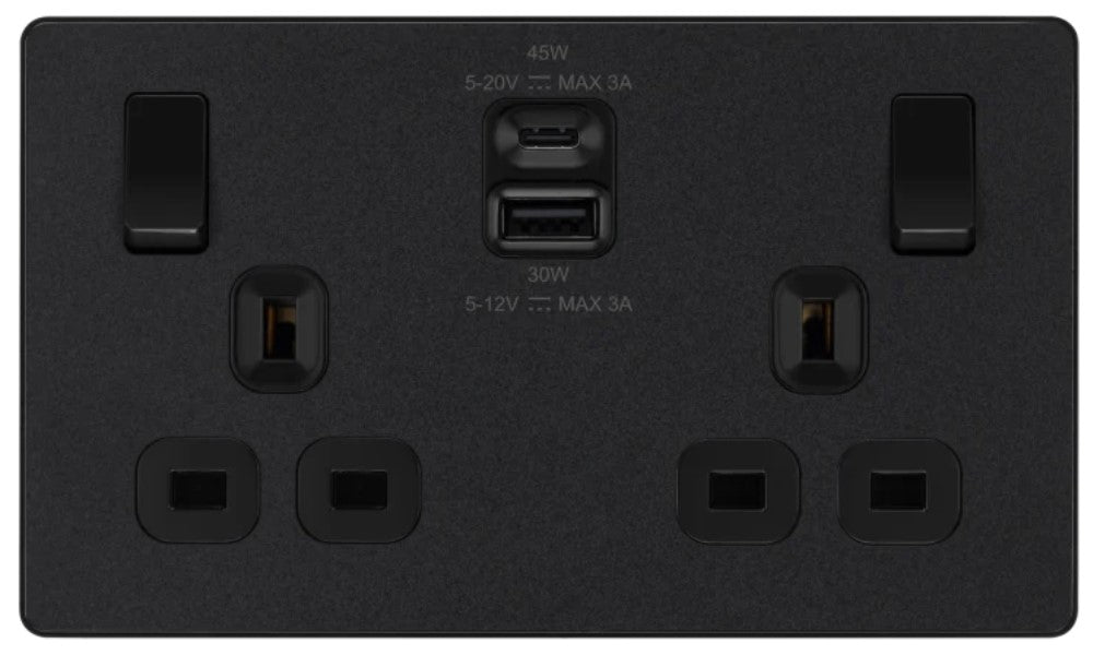 Evolve Polycarbonate Matt Black Double USB Socket 45W with A+C Ports ...