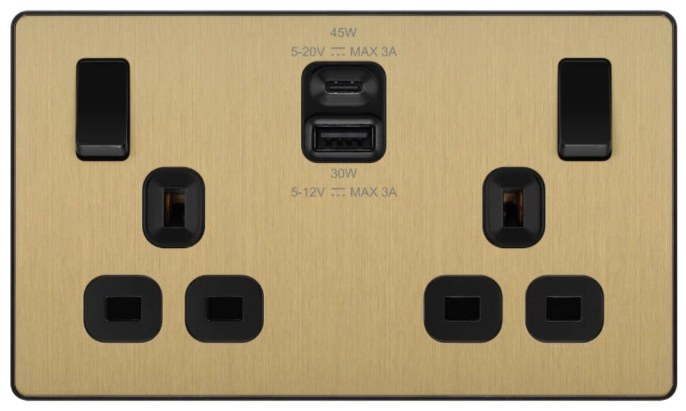 satin brass double socket with a and c usb port