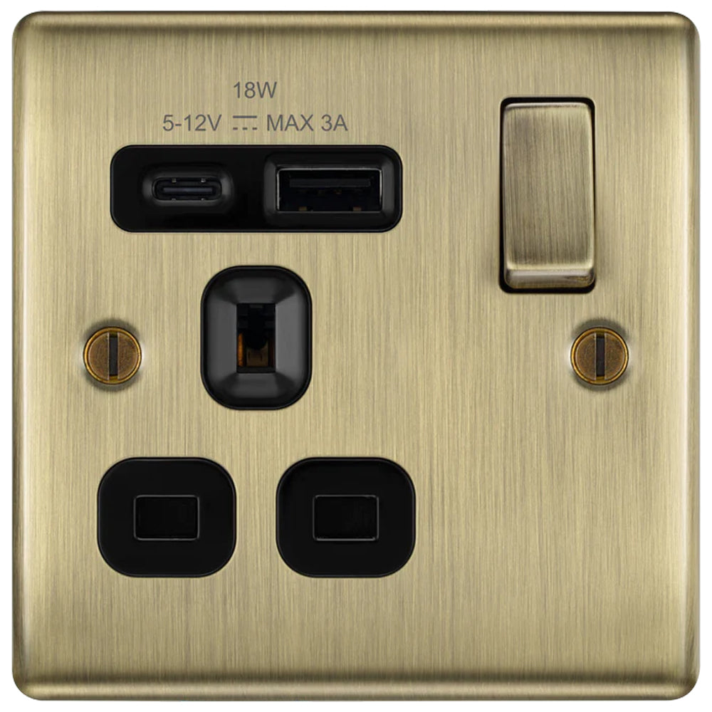 Nexus Metal Antique Brass 13A Singe USB Socket with 18W A & C Ports NAB21UAC18B available from The Switch Depot