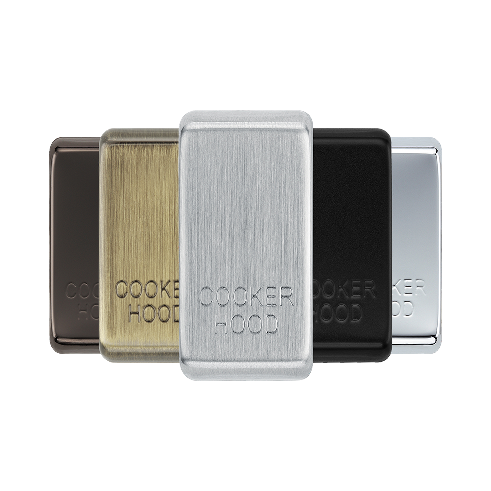 BG Grid Brushed Steel cooker hood engraved rocker cap colour range with Brushed Steel at the front
