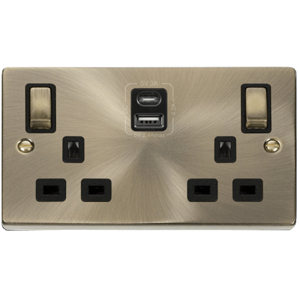 Click Deco Antique Brass Double USB A+C Socket VPAB586BK available from RS Electrical Supplies