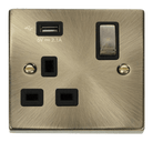 antique brass single socket with black inserts and usb ports