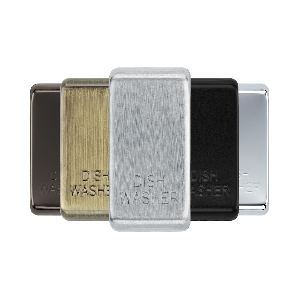 BG Grid Brushed Steel dish washer engraved rocker cap colour range with Brushed Steel at the front