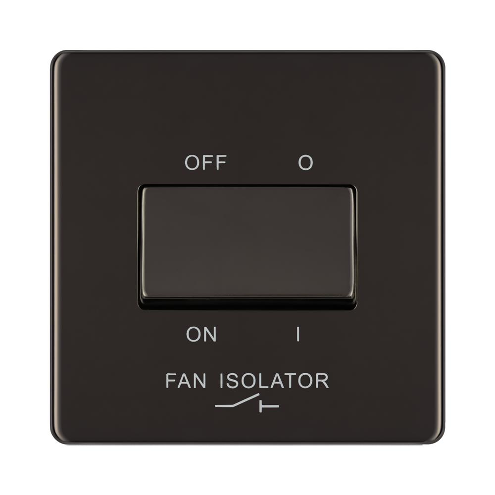 Front view of BG Nexus Screwless Black Nickel Fan Isolator Switch