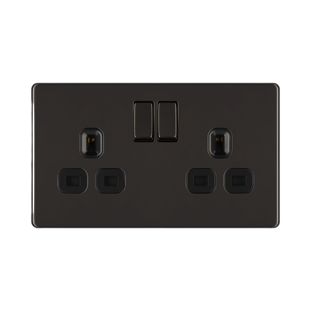 Front view of BG Nexus Screwless Black Nickel 13A Double Socket