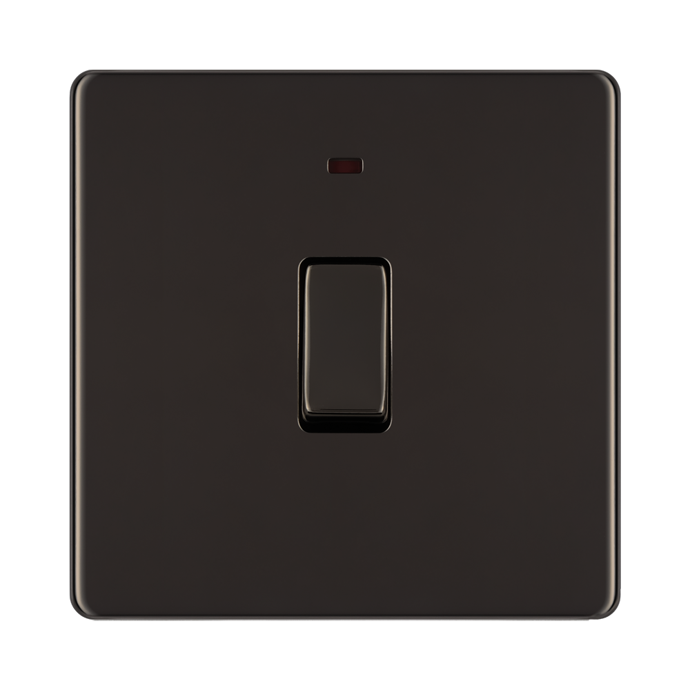 Front view of BG Nexus Screwless Black Nickel 20A Double Pole Switch with Neon