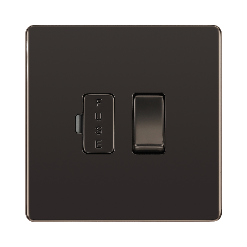 Front view of BG Nexus Screwless Black Nickel 13A Switched Spur