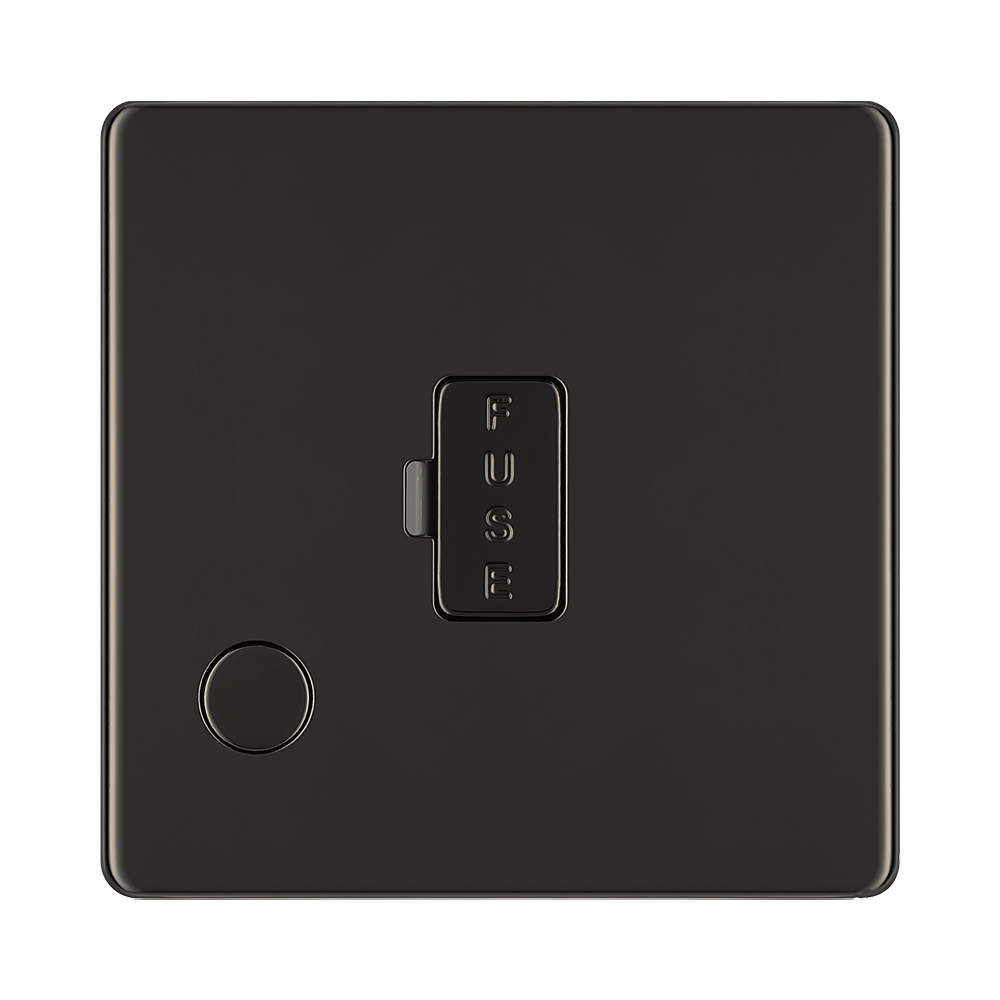 Front view of BG Nexus Screwless Black Nickel 13A Unswitched Spur with Flex Outlet