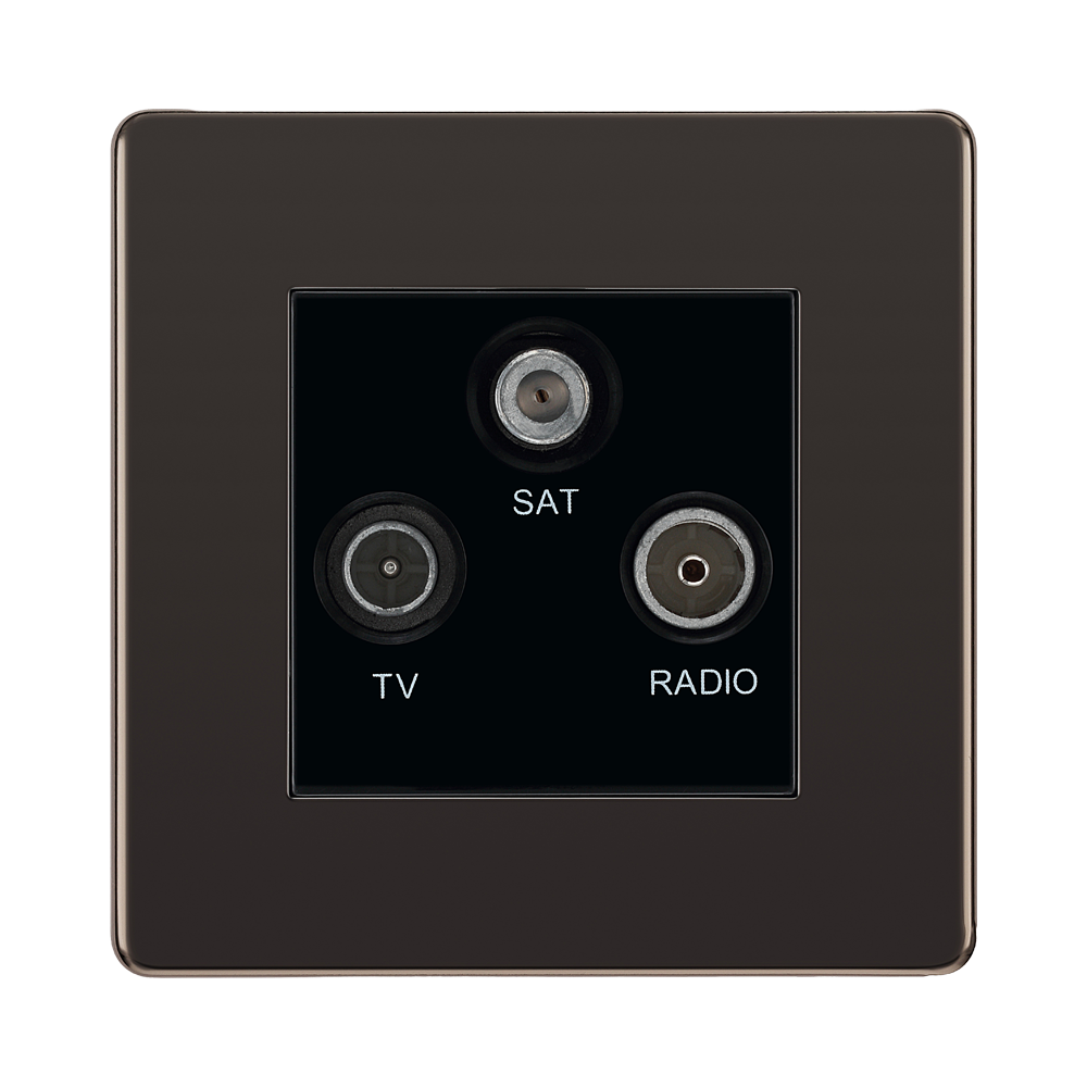 Front view of BG Nexus Screwless Black Nickel TV/FM/SAT Socket FBN67B