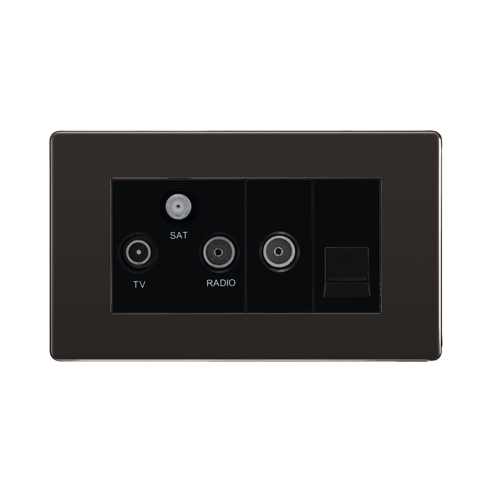 Front view of BG Nexus Screwless Black Nickel Combination TV Socket FBN68B