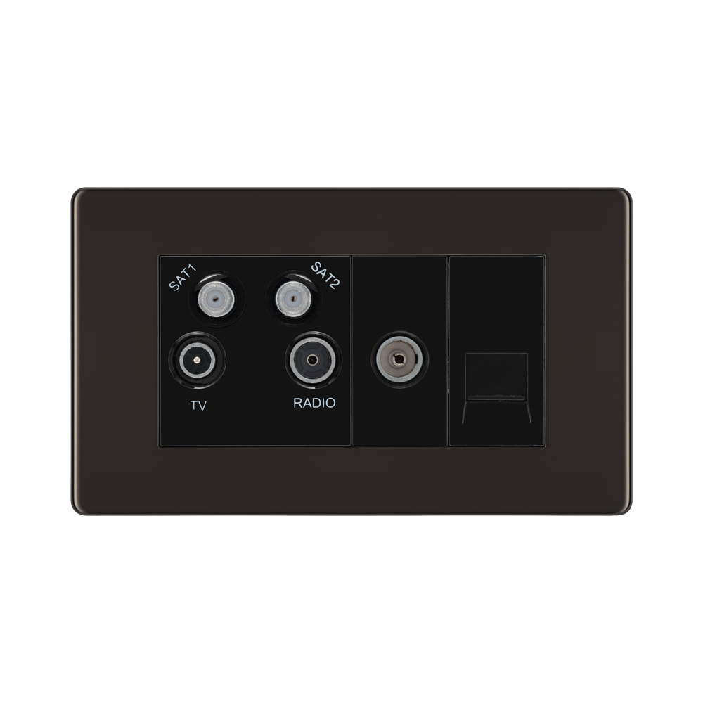 Front view of BG Nexus Screwless Black Nickel Combination TV Socket FBN69B