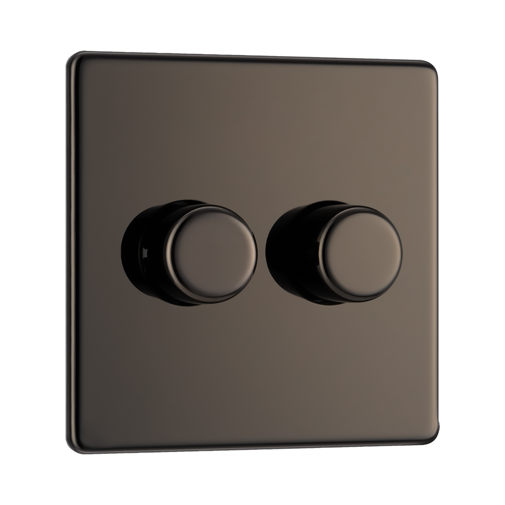 Front view of BG Nexus Screwless Black Nickel 2G Dimmer Switch