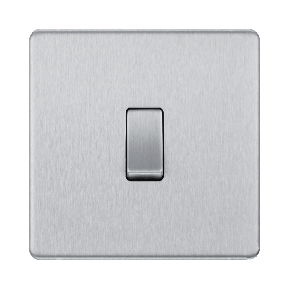 Front view of BG Nexus Screwless Brushed Steel Intermediate Light Switch