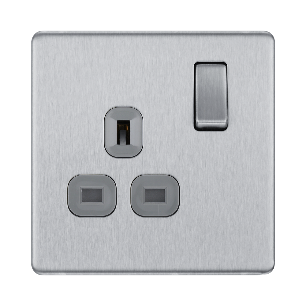 Front view of BG Nexus Screwless Brushed Steel 13A Single Socket