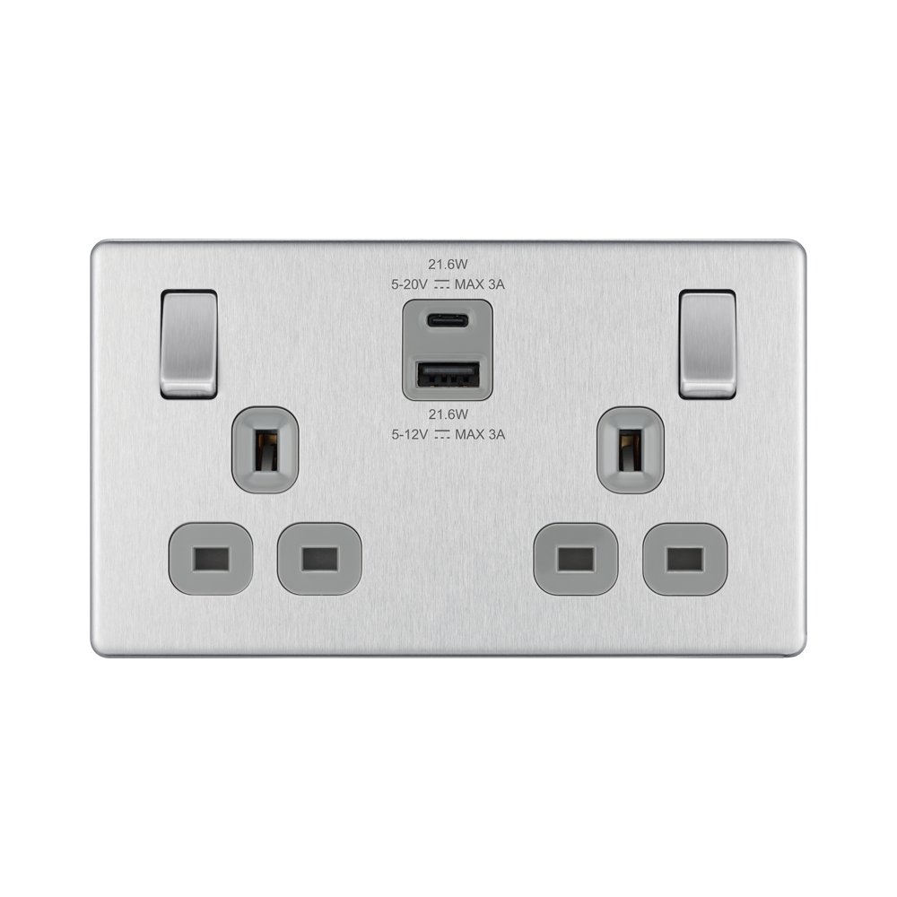 Front view of BG Nexus Screwless Brushed Steel 13A Double USB 22W A+C Ports