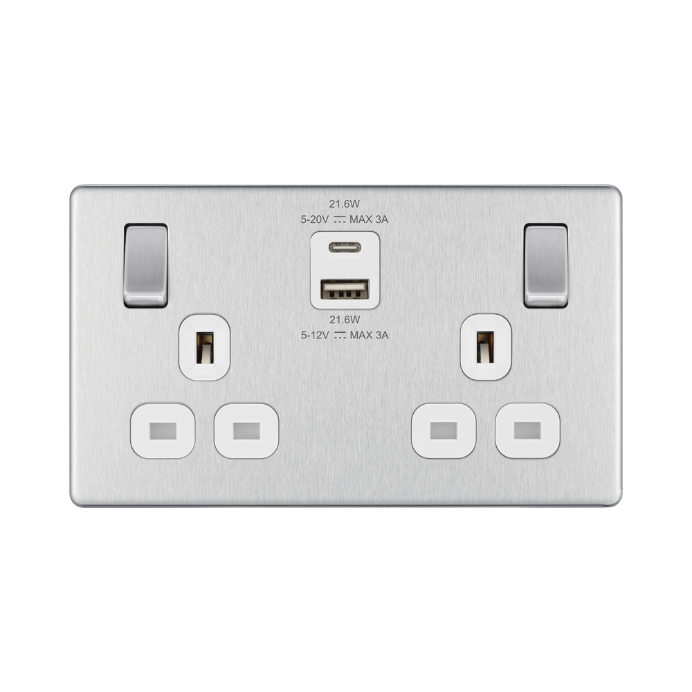 Front view of BG Nexus Screwless Brushed Steel 13A Double USB 22W A+C Ports
