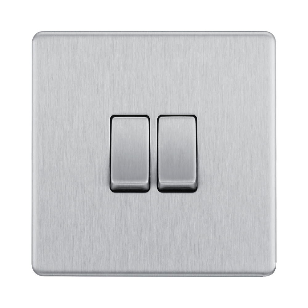 Front view of BG Nexus Screwless Brushed Steel 2G 2W Light Switch