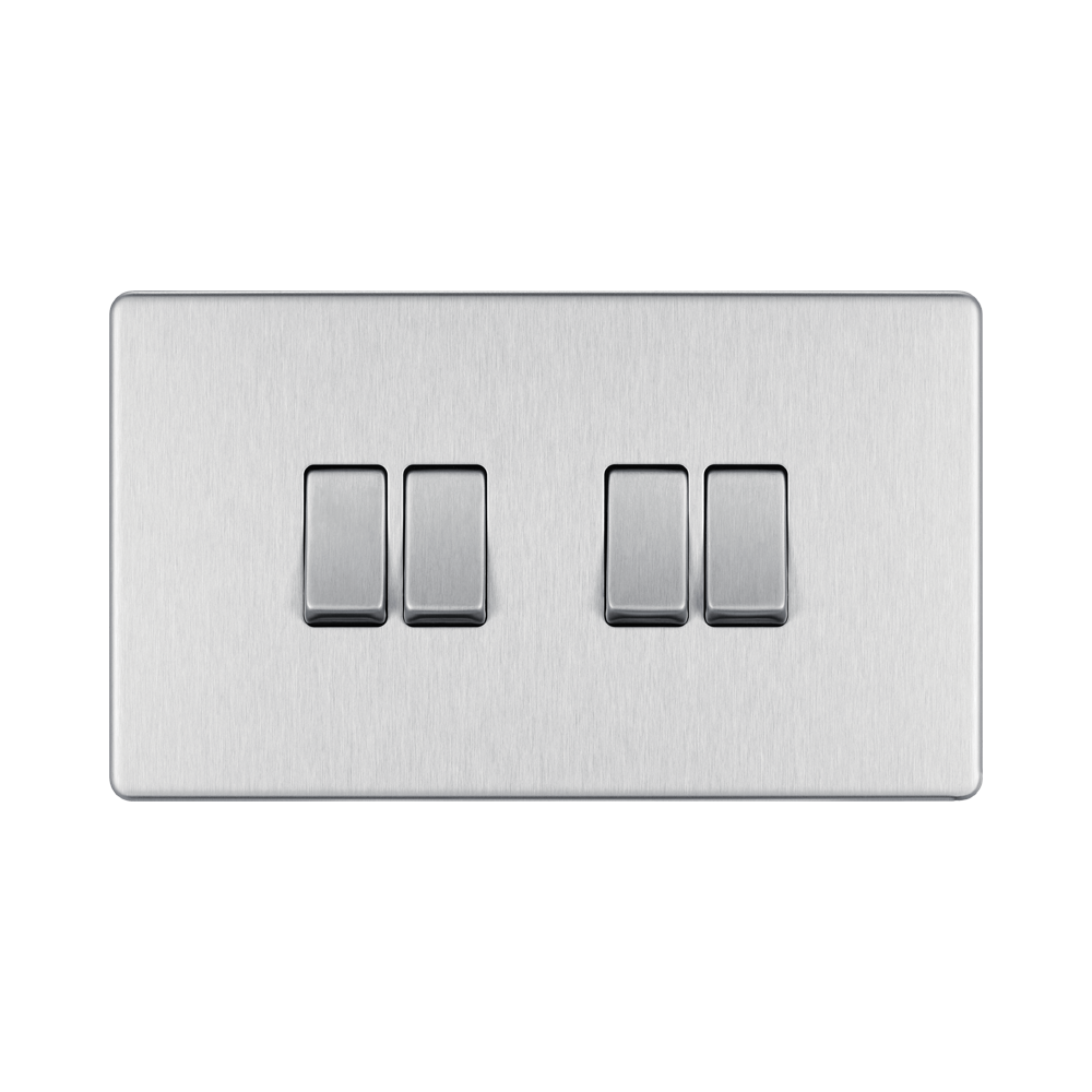 Front view of BG Nexus Screwless Brushed Steel 4G 2W Light Switch