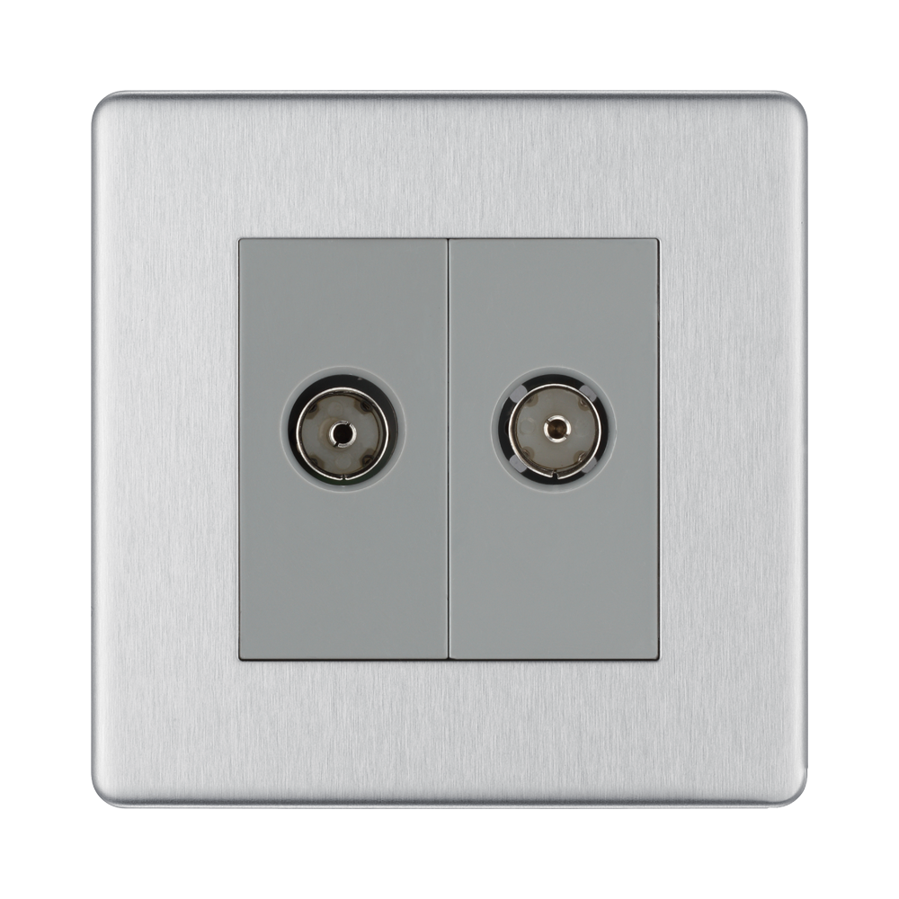Front view of BG Nexus Screwless Brushed Steel Double Co-axial Socket FBS61G