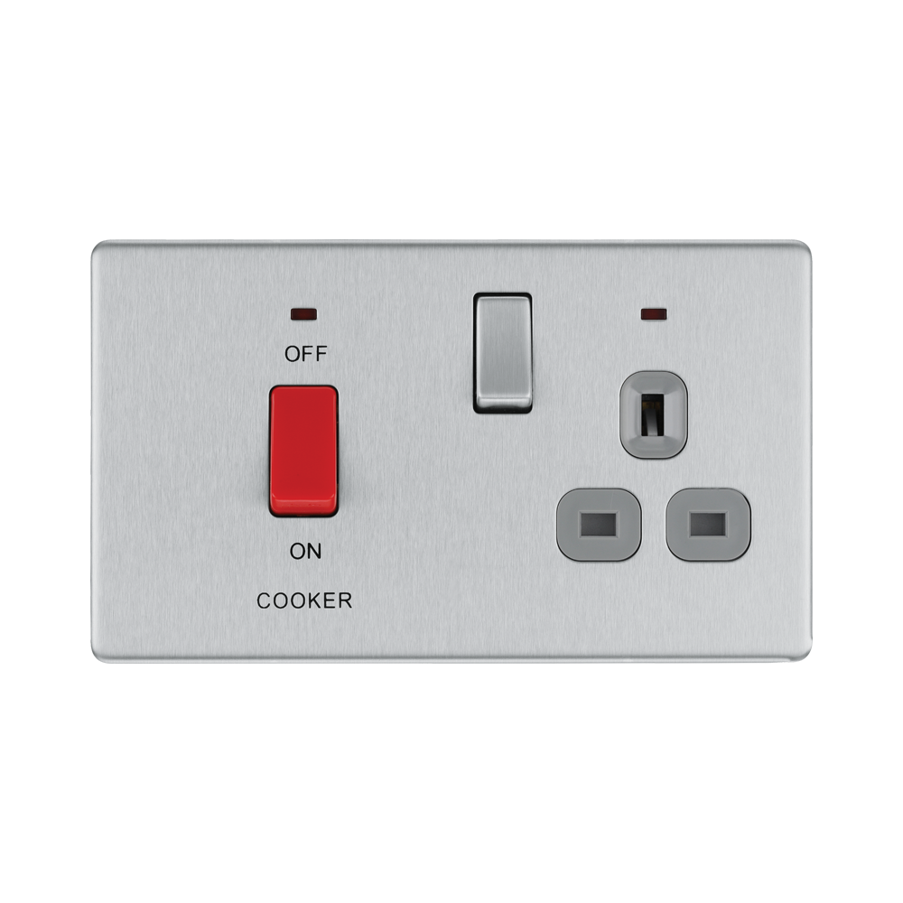 Front view of BG Nexus Screwless Brushed Steel Cooker Switch with 13A Socket