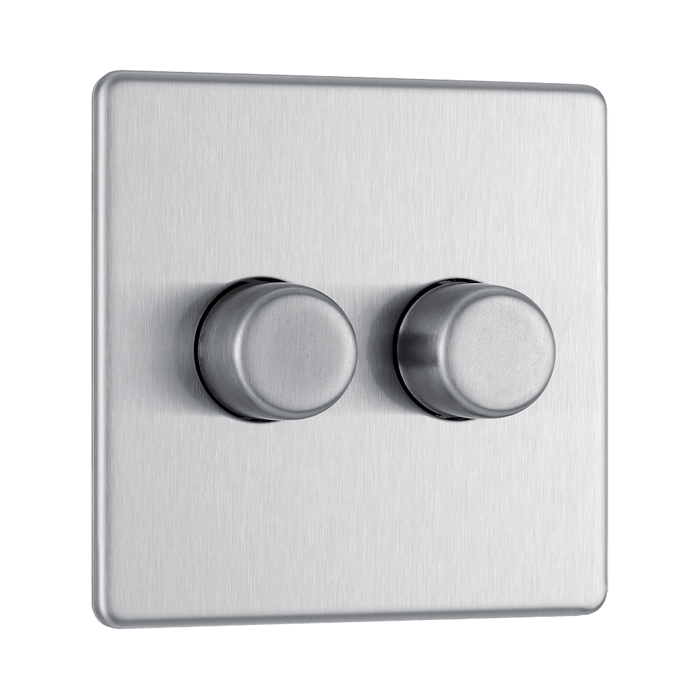 Front view of BG Nexus Screwless Brushed Steel 2G Dimmer Switch