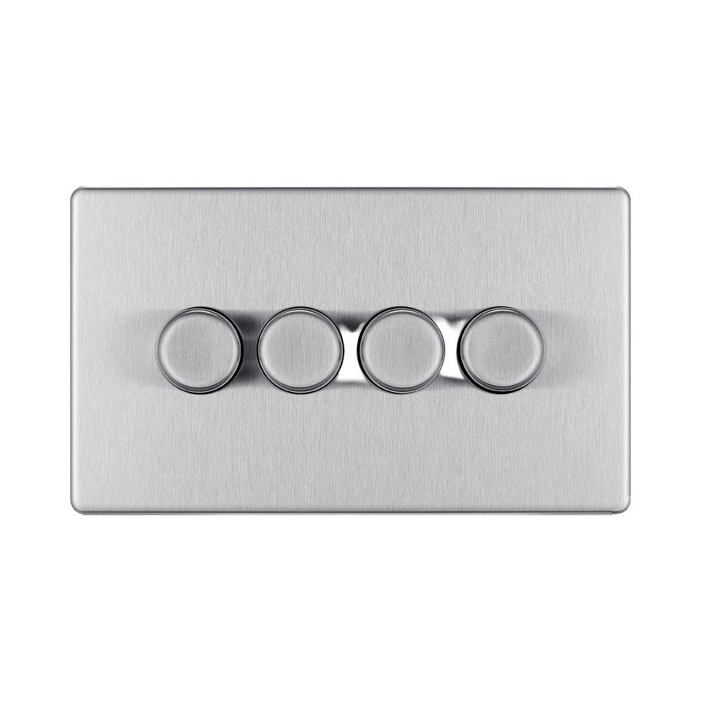 Front view of BG Nexus Screwless Brushed Steel 4G Dimmer Switch