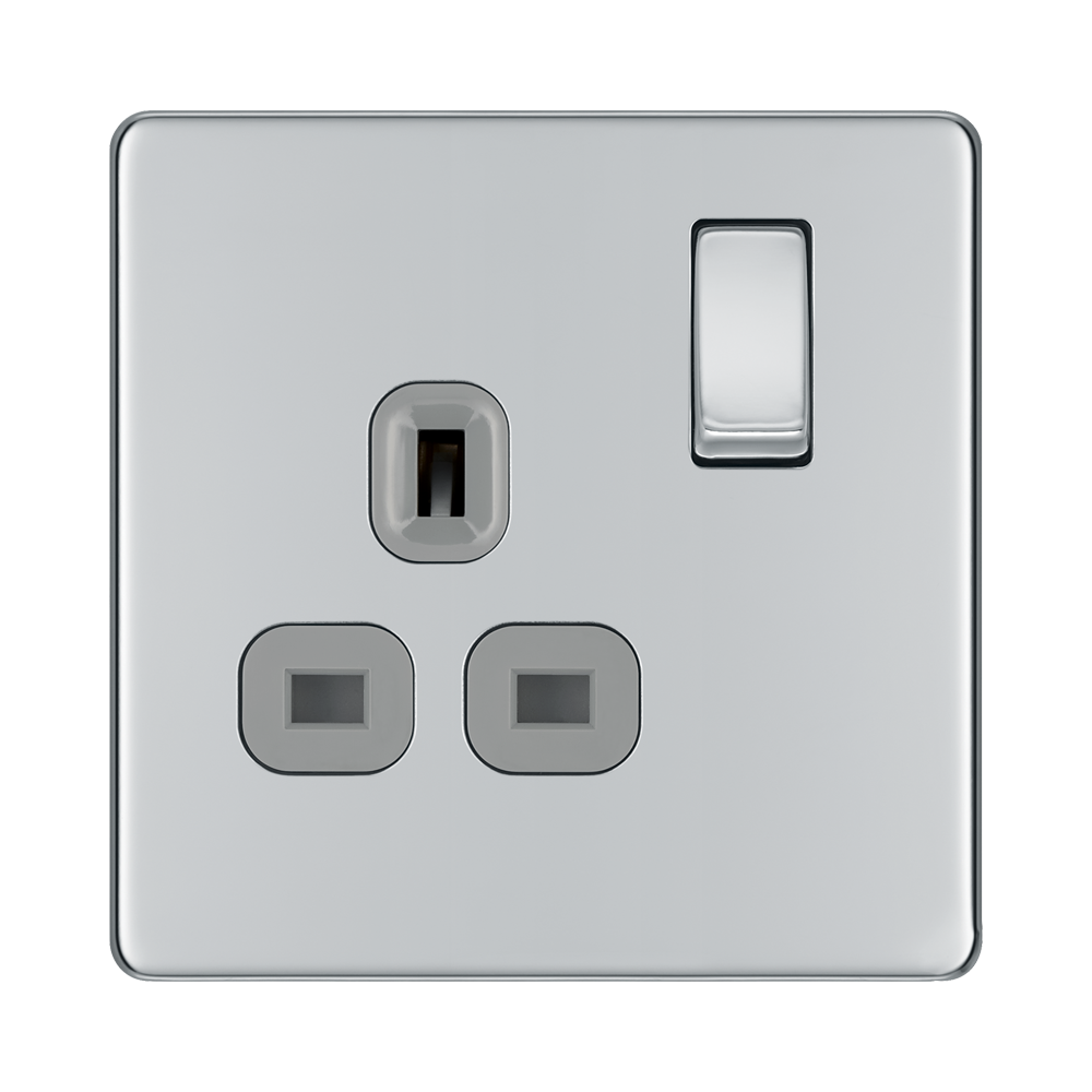Front view of BG Nexus Screwless Polished Chrome 13A Single Socket
