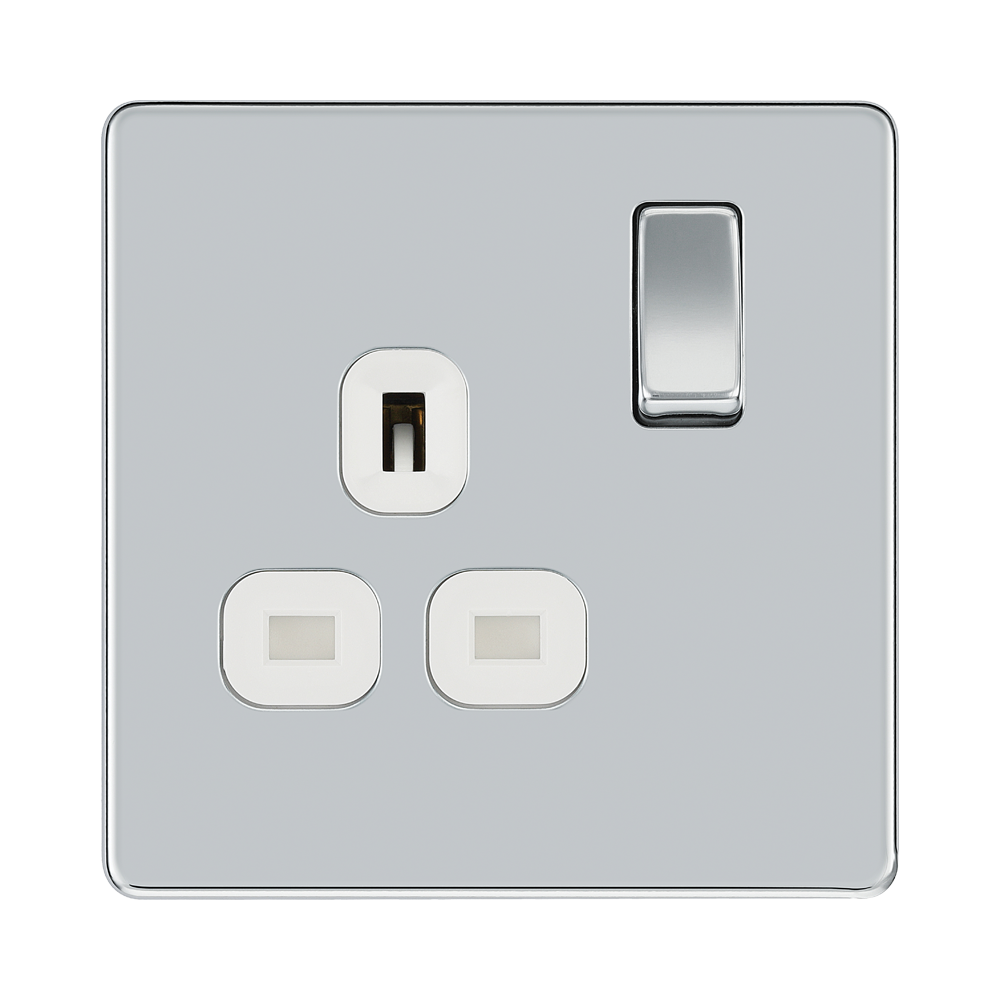 Front view of BG Nexus Screwless Polished Chrome 13A Single Socket