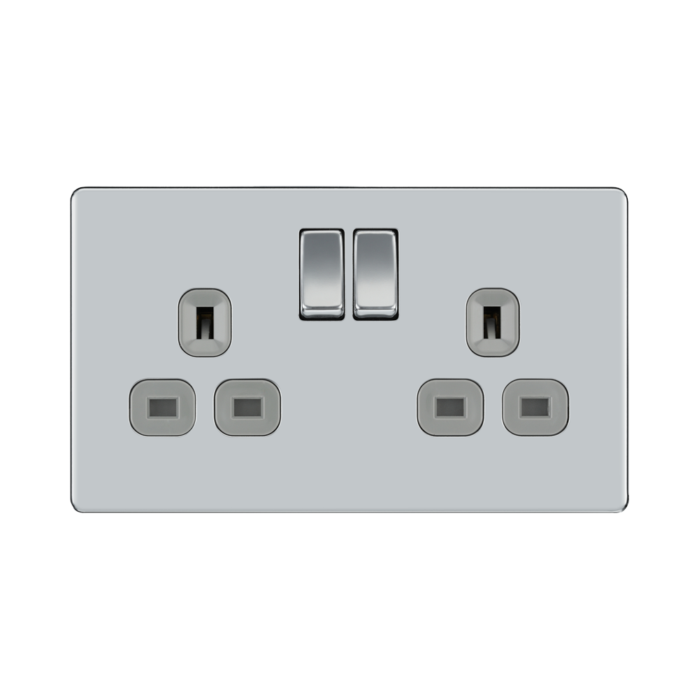 Front view of BG Nexus Screwless Polished Chrome 13A Double Socket