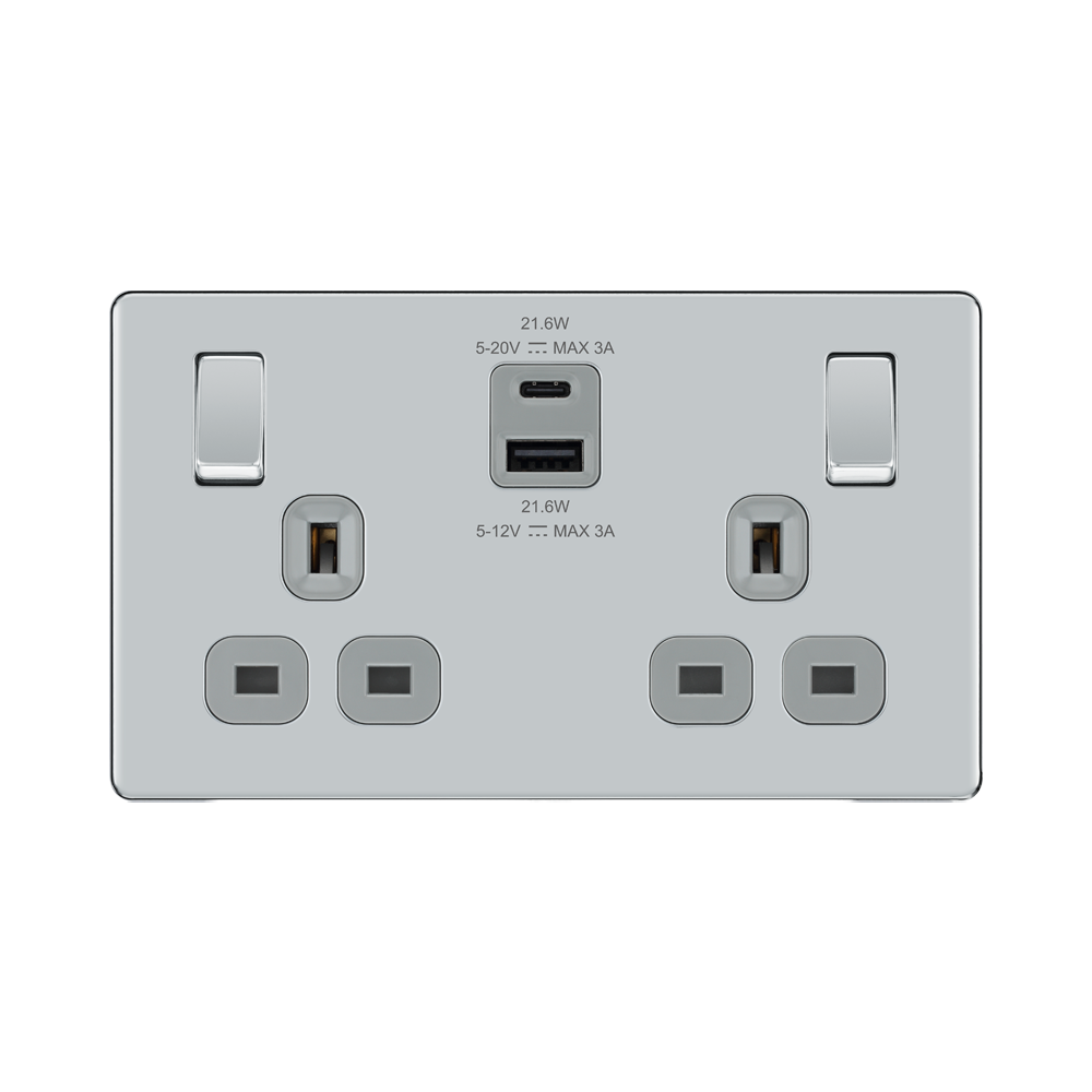 Front view of BG Nexus Screwless Polished Chrome 13A Double USB Socket 22W A+C Ports
