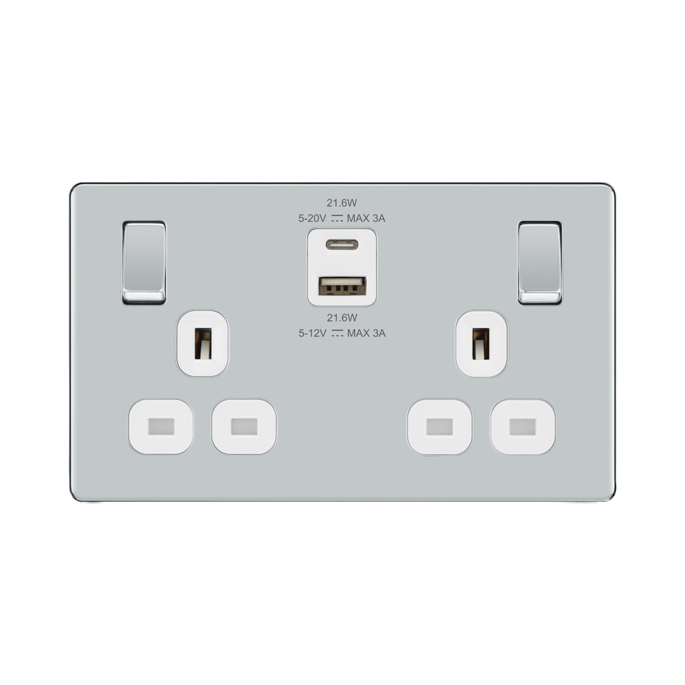 Front view of BG Nexus Screwless Polished Chrome 13A Double USB Socket 22W A+C Ports