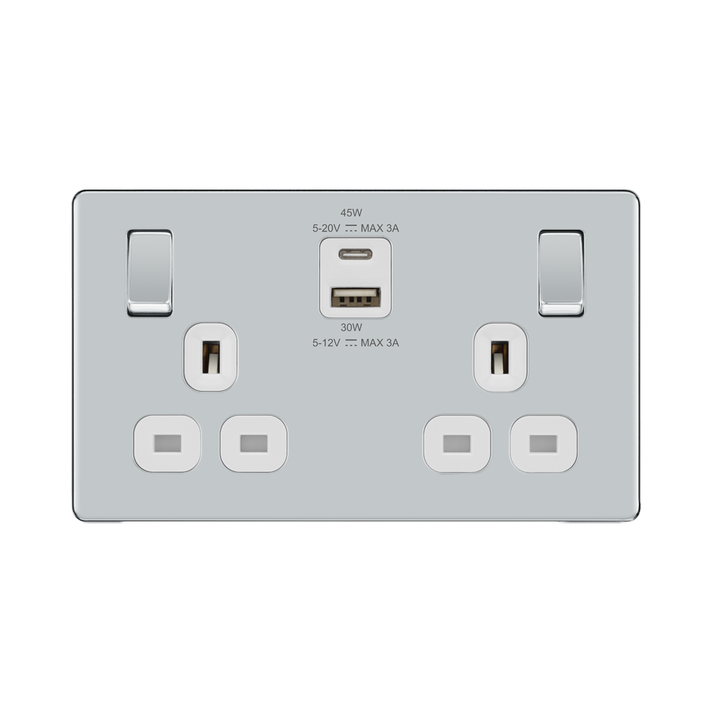 Front view of BG Nexus Screwless Polished Chrome 13A Double USB Socket 45W A+C Ports