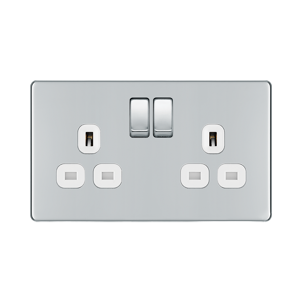 Front view of BG Nexus Screwless Polished Chrome 13A Double Socket
