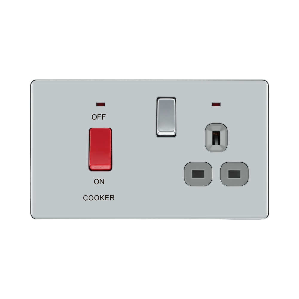 Front view of BG Nexus Screwless Polished Chrome Cooker Switch with 13A Socket